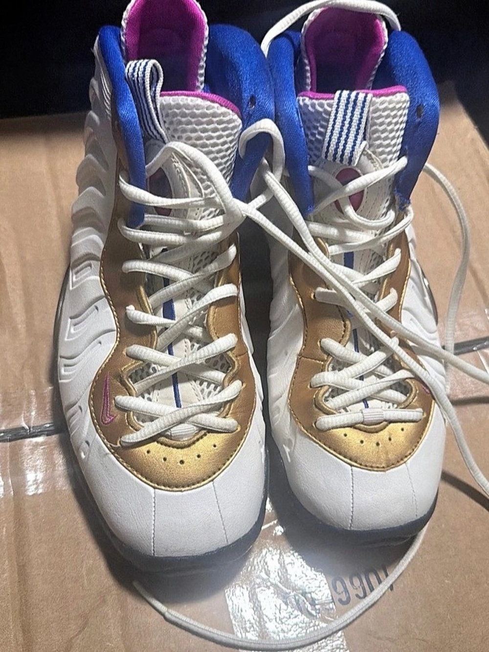 NIKE Little Posite One GS White Fuchsia Blast Racer Blue Gold 644791-103 Sz 6.5Y